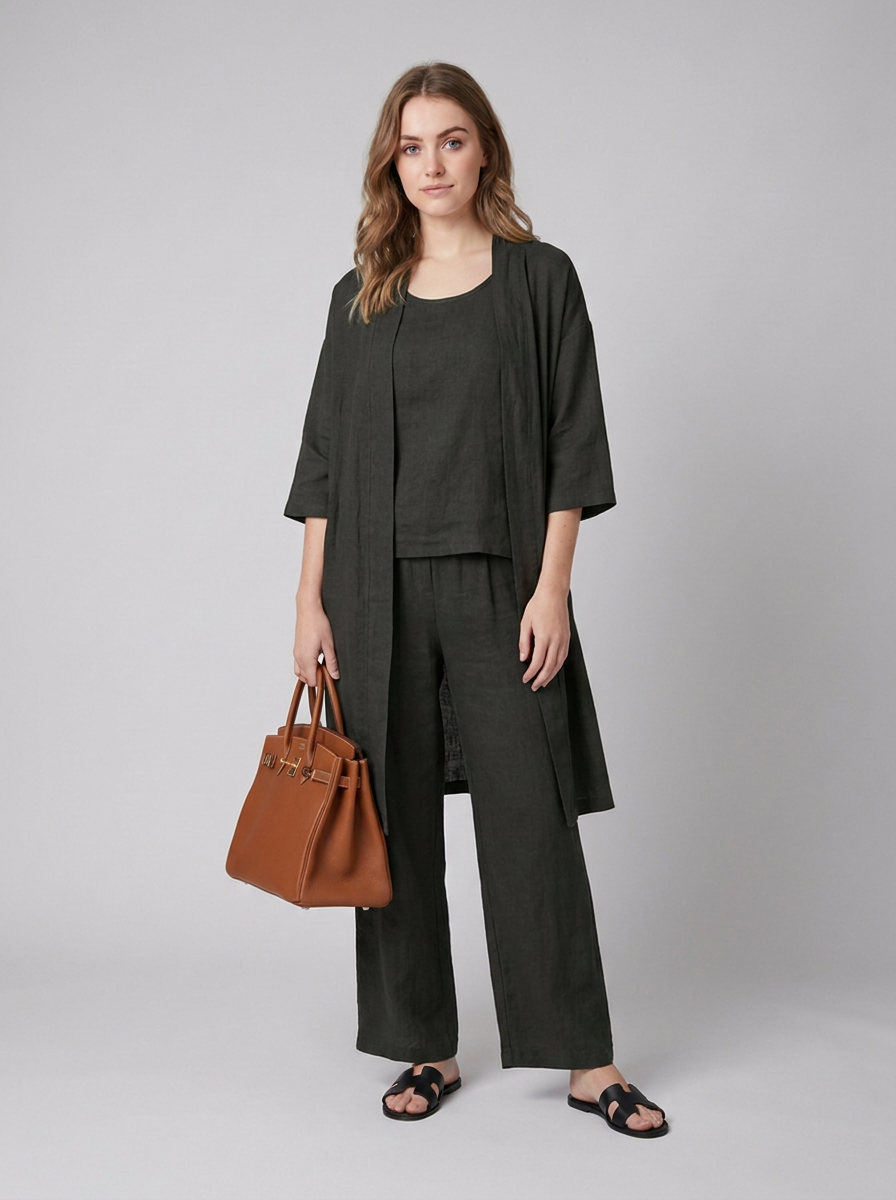 Cecily | Three-Piece Linen Co-ord Set Berry Wide-Leg Trousers & Longline Cardigan for Women