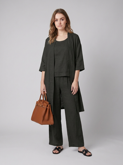 Cecily | Three-Piece Linen Co-ord Set Berry Wide-Leg Trousers & Longline Cardigan for Women