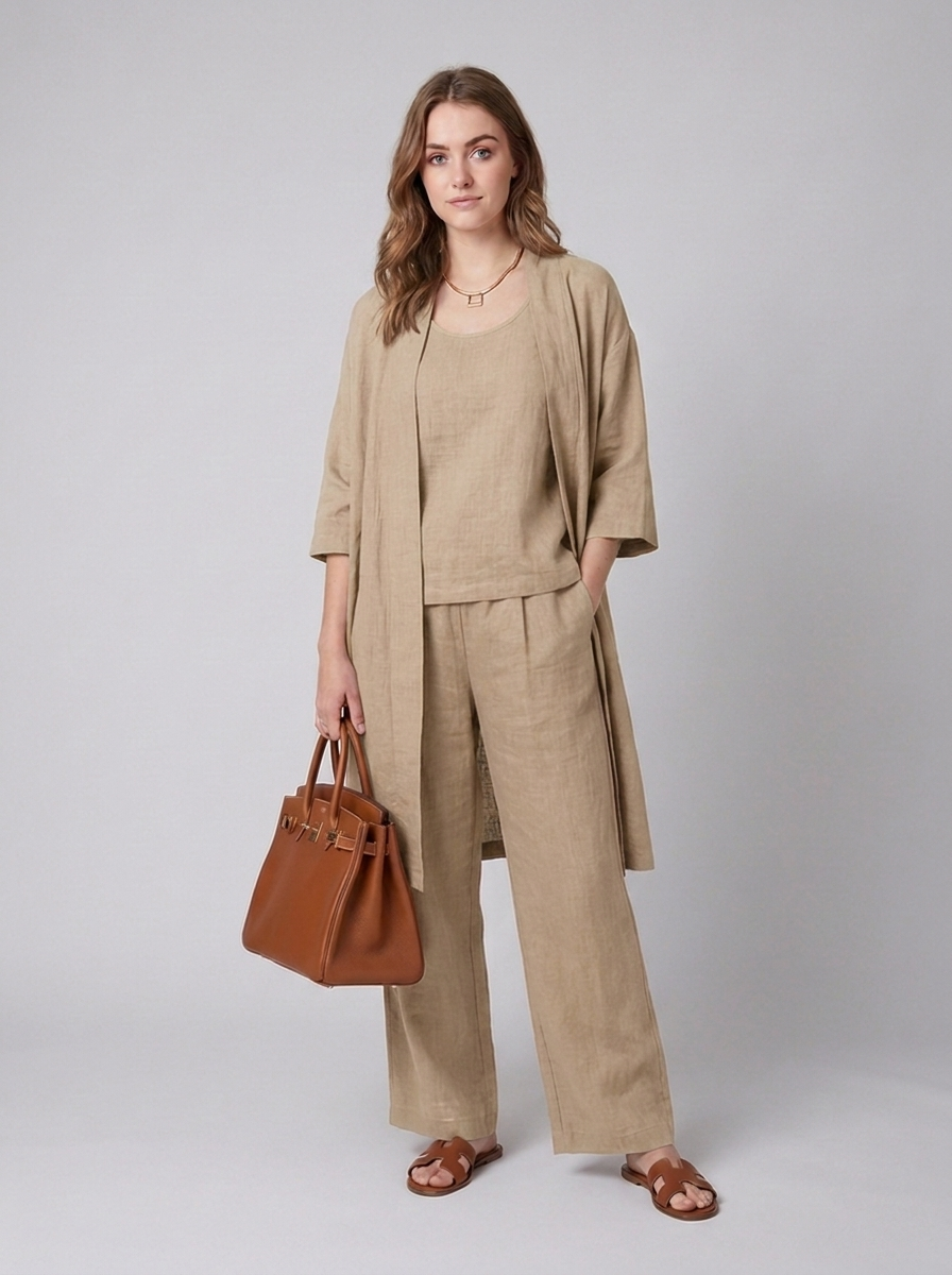 Cecily | Three-Piece Linen Co-ord Set Berry Wide-Leg Trousers & Longline Cardigan for Women