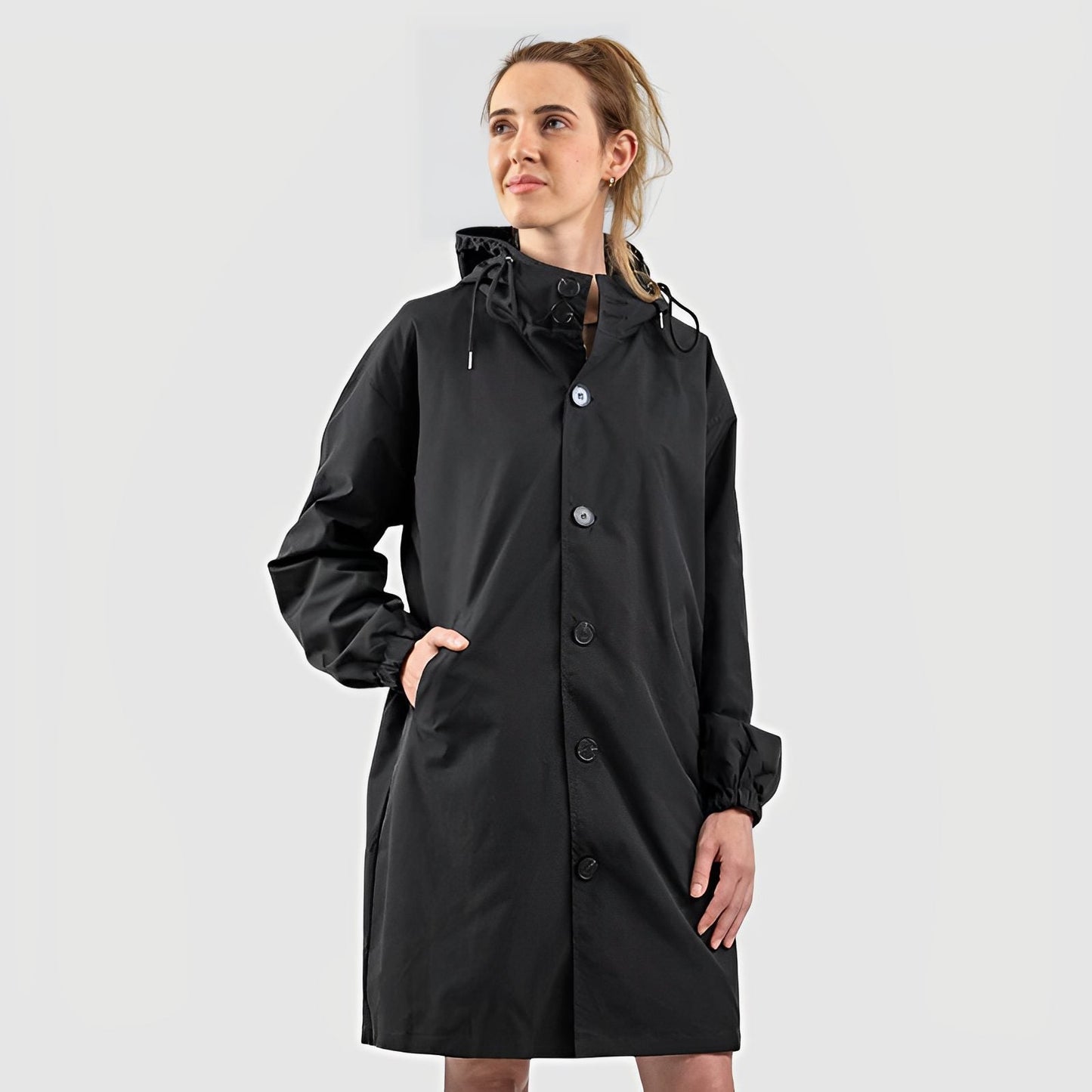 Wendy | Hooded Raincoat Black Polyester Drawstring Hood for Women