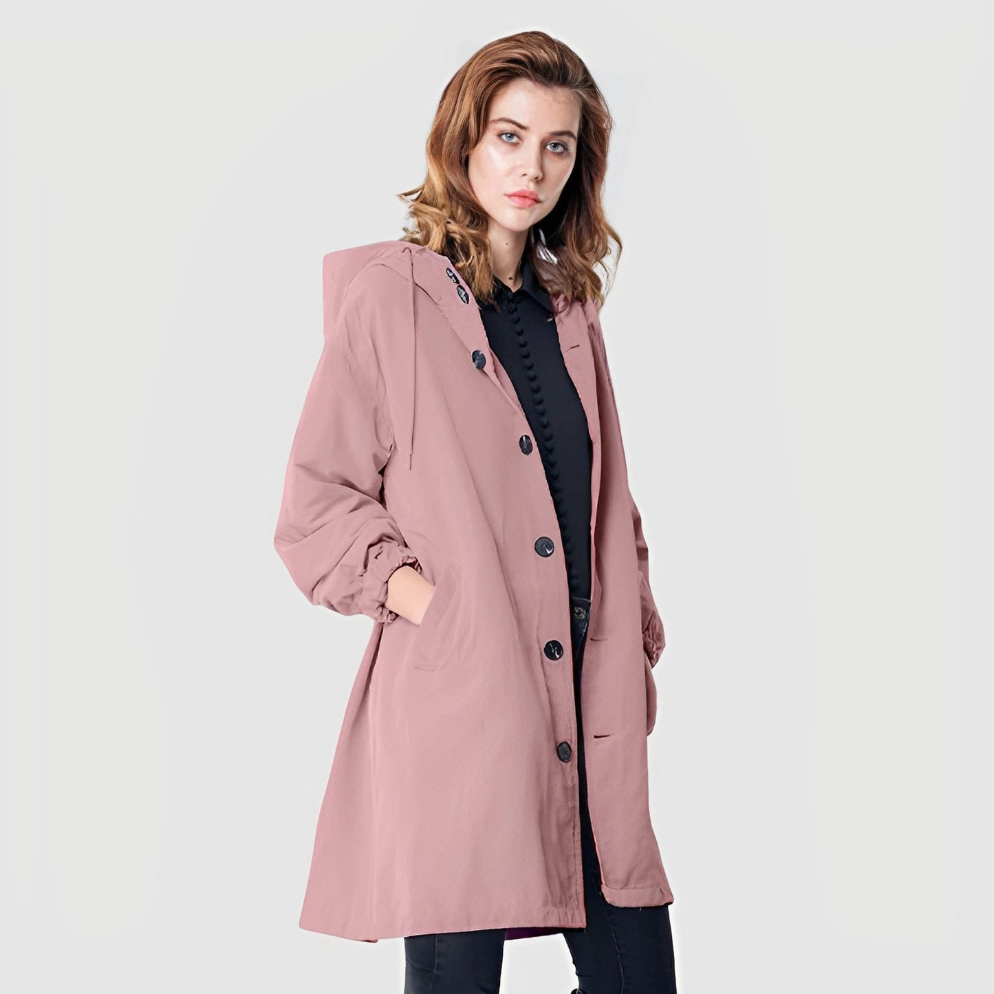Wendy | Hooded Raincoat Black Polyester Drawstring Hood for Women