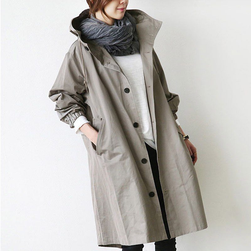 Tilly | Long Hooded Raincoat Grey Cotton Snap-Button for Women