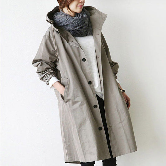 Tilly | Long Hooded Raincoat Grey Cotton Snap-Button for Women