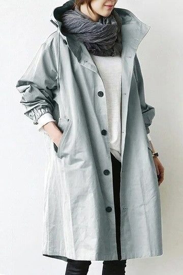 Tilly | Long Hooded Raincoat Grey Cotton Snap-Button for Women