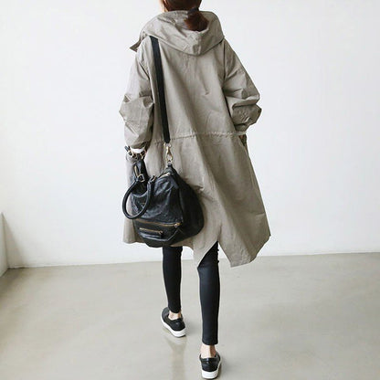 Tilly | Long Hooded Raincoat Grey Cotton Snap-Button for Women