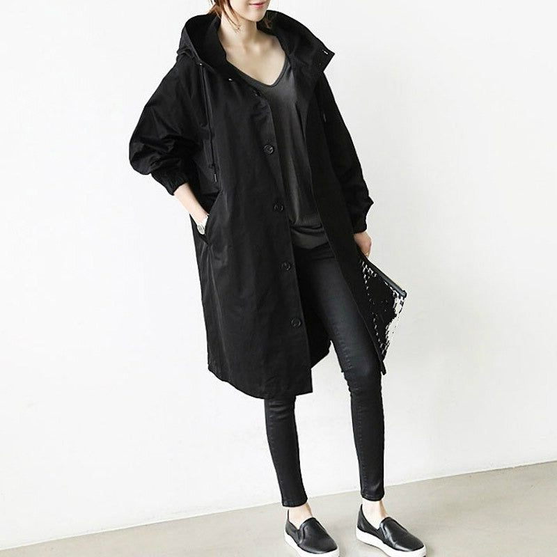 Tilly | Long Hooded Raincoat Grey Cotton Snap-Button for Women