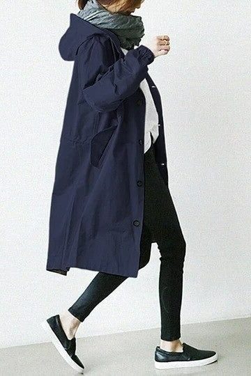 Tilly | Long Hooded Raincoat Grey Cotton Snap-Button for Women
