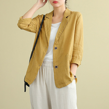 Isabelle | Blazer Blue Linen Tailored 3/4 Sleeve Pockets for Women