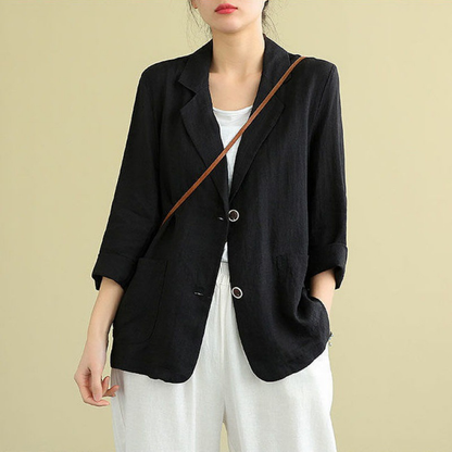 Isabelle | Blazer Blue Linen Tailored 3/4 Sleeve Pockets for Women