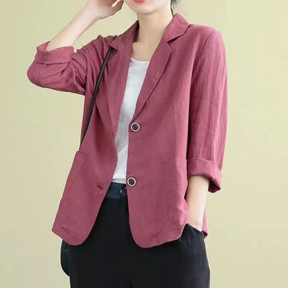 Isabelle | Blazer Blue Linen Tailored 3/4 Sleeve Pockets for Women