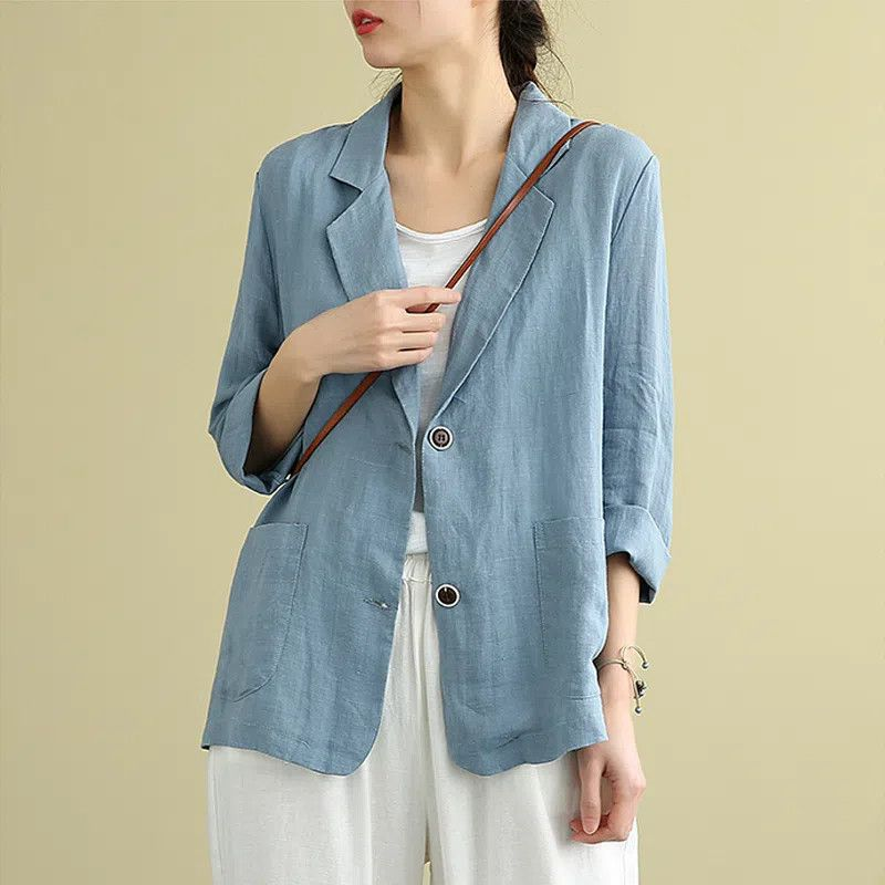 Isabelle | Blazer Blue Linen Tailored 3/4 Sleeve Pockets for Women