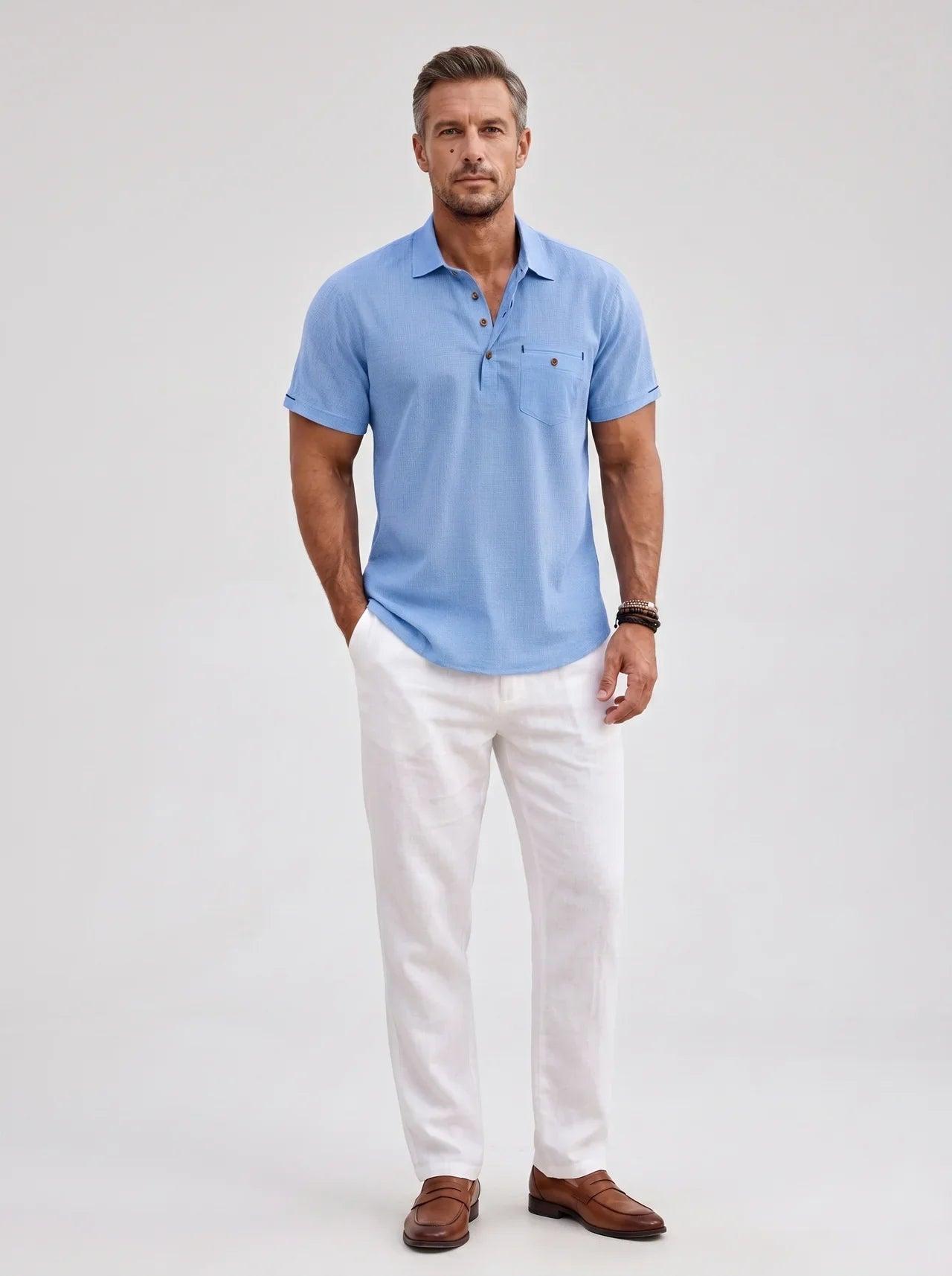 Rowan | Polo Shirt Sky Blue Linen Short Sleeve for Men