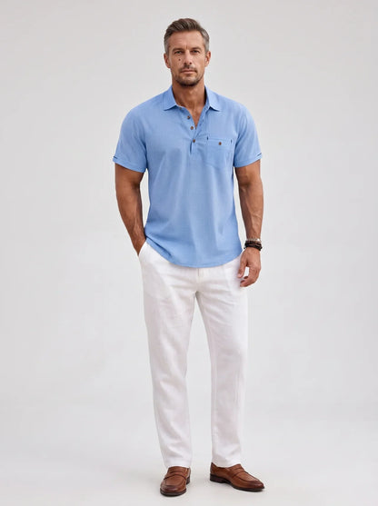 Rowan | Polo Shirt Sky Blue Linen Short Sleeve for Men