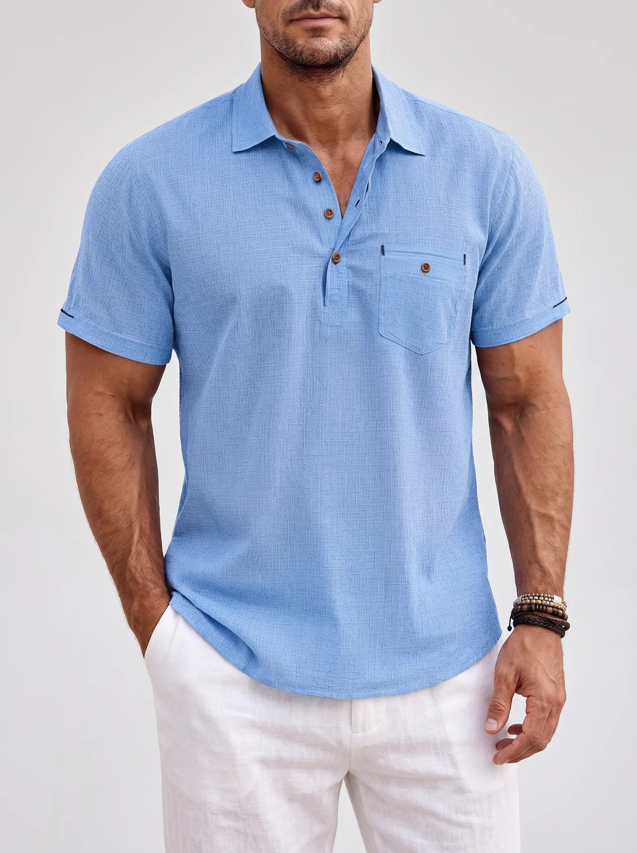 Rowan | Polo Shirt Sky Blue Linen Short Sleeve for Men
