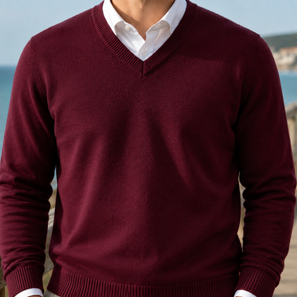 Mortimer | V-Neck Jumper Burgundy Wool-Blend Ribbed-Trim for Men