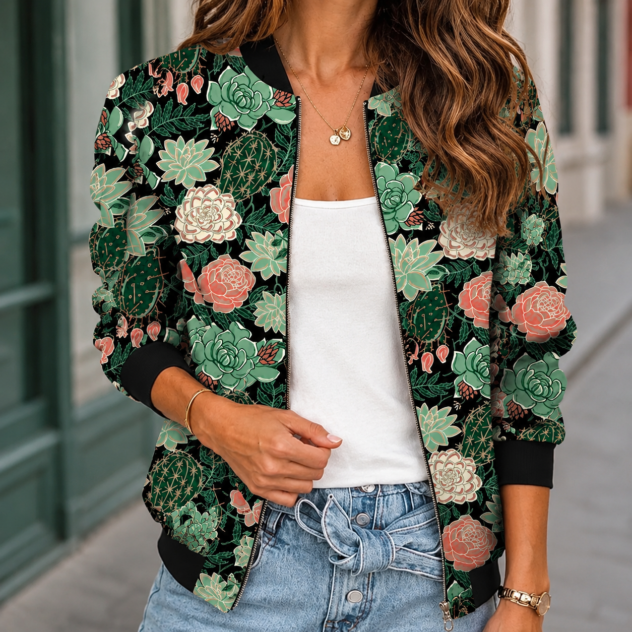 Eudora | Bomber Jacket Black Floral Print Ribbed Trim for Women
