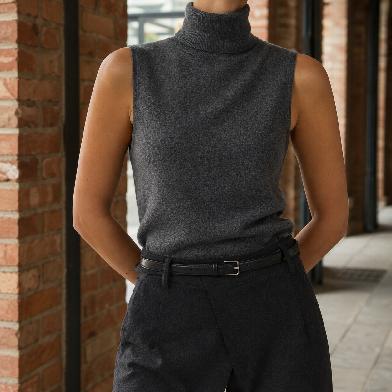 Lettie | Sleeveless Turtleneck Jumper Charcoal Grey Fine-Knit for Women
