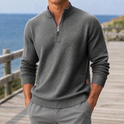 Octavius | Quarter-Zip Jumper Grey Waffle Knit Mock Neck for Men