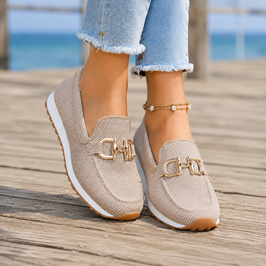 Hazel | Slip-On Sneakers Beige Woven Gold Horsebit Detail for Women