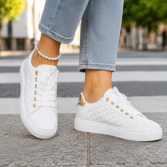 Juliet | Quilted Trainers White Gold-Tone Lace-Up for Women