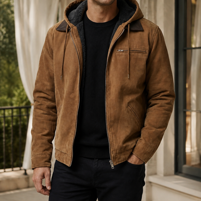Douglas | Hooded Suede Jacket Tan Sherpa-Lined for Men