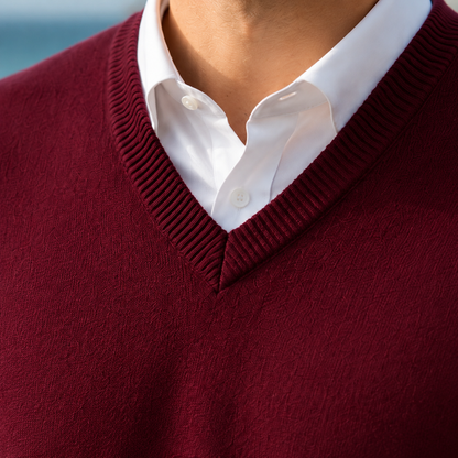 Mortimer | V-Neck Jumper Burgundy Wool-Blend Ribbed-Trim for Men