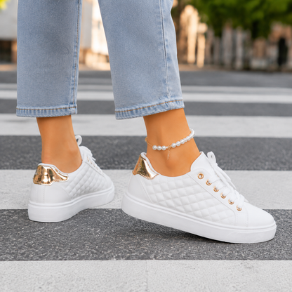 Juliet | Quilted Trainers White Gold-Tone Lace-Up for Women