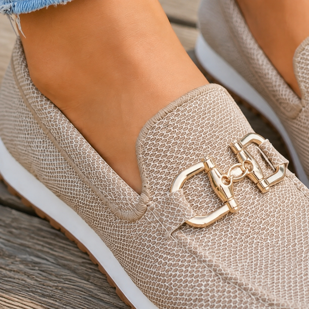 Hazel | Slip-On Sneakers Beige Woven Gold Horsebit Detail for Women