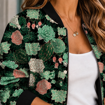 Eudora | Bomber Jacket Black Floral Print Ribbed Trim for Women