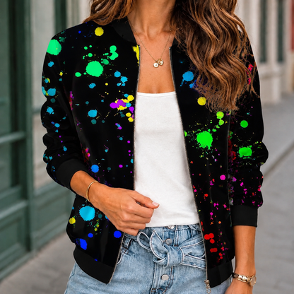 Eudora | Bomber Jacket Black Floral Print Ribbed Trim for Women