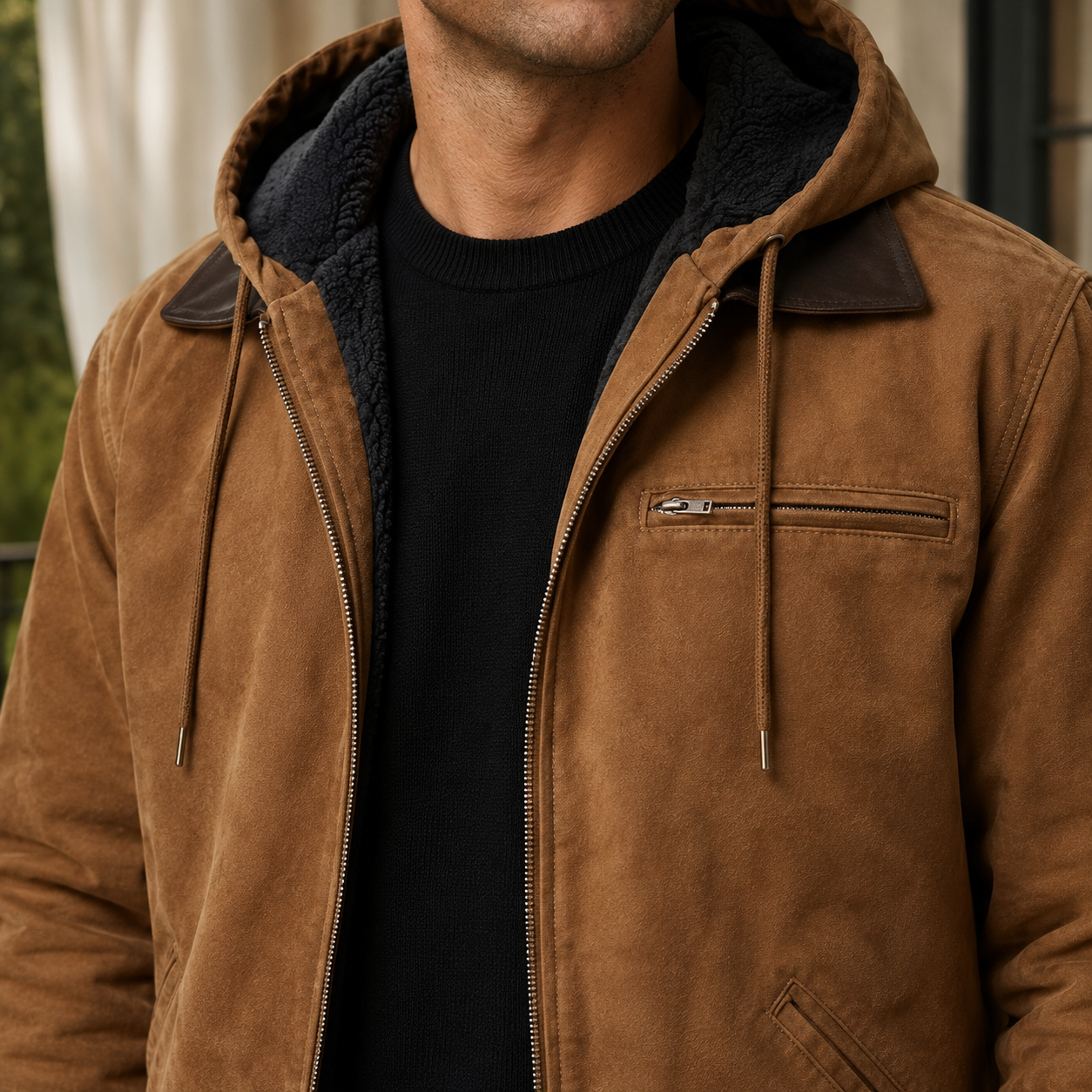 Douglas | Hooded Suede Jacket Tan Sherpa-Lined for Men