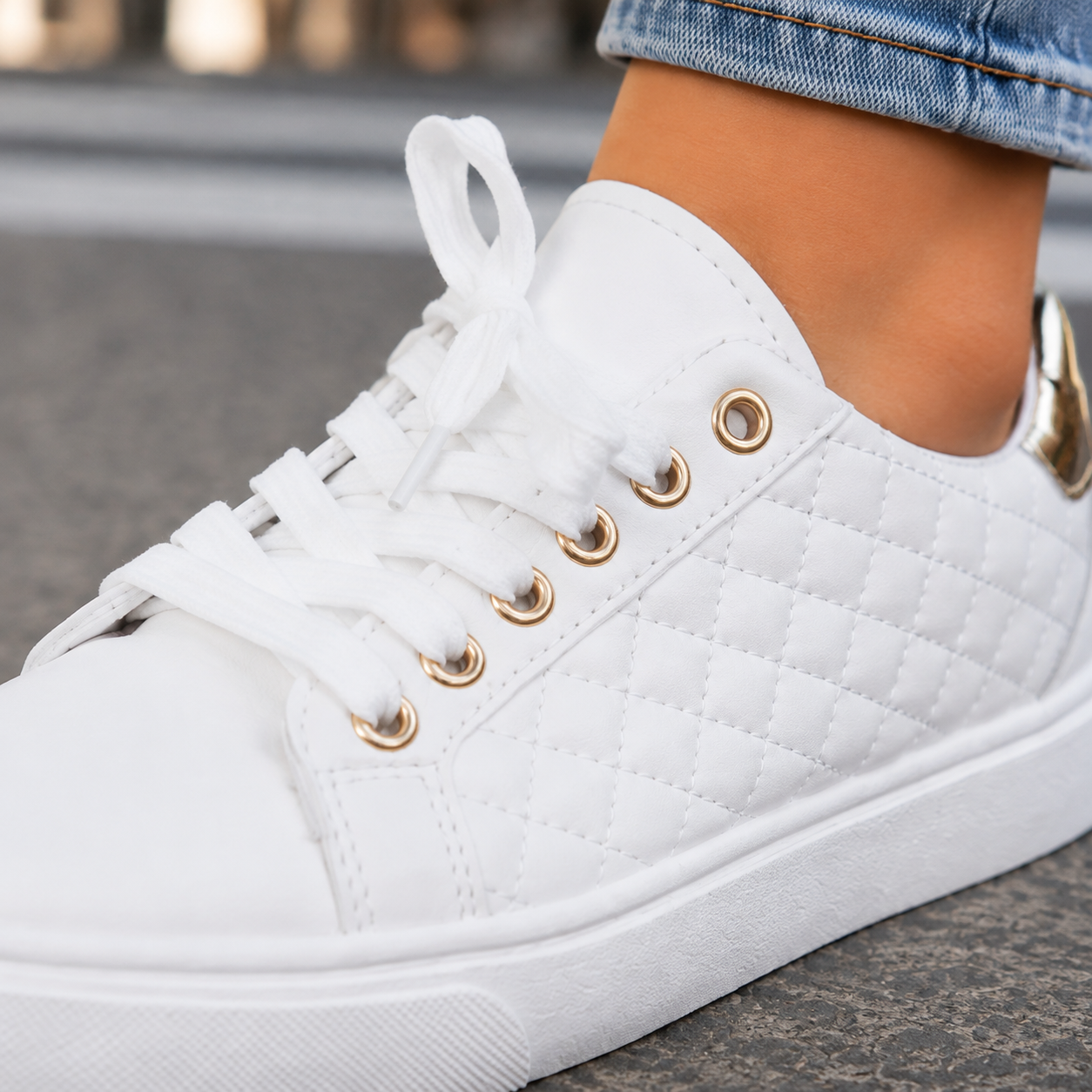 Juliet | Quilted Trainers White Gold-Tone Lace-Up for Women