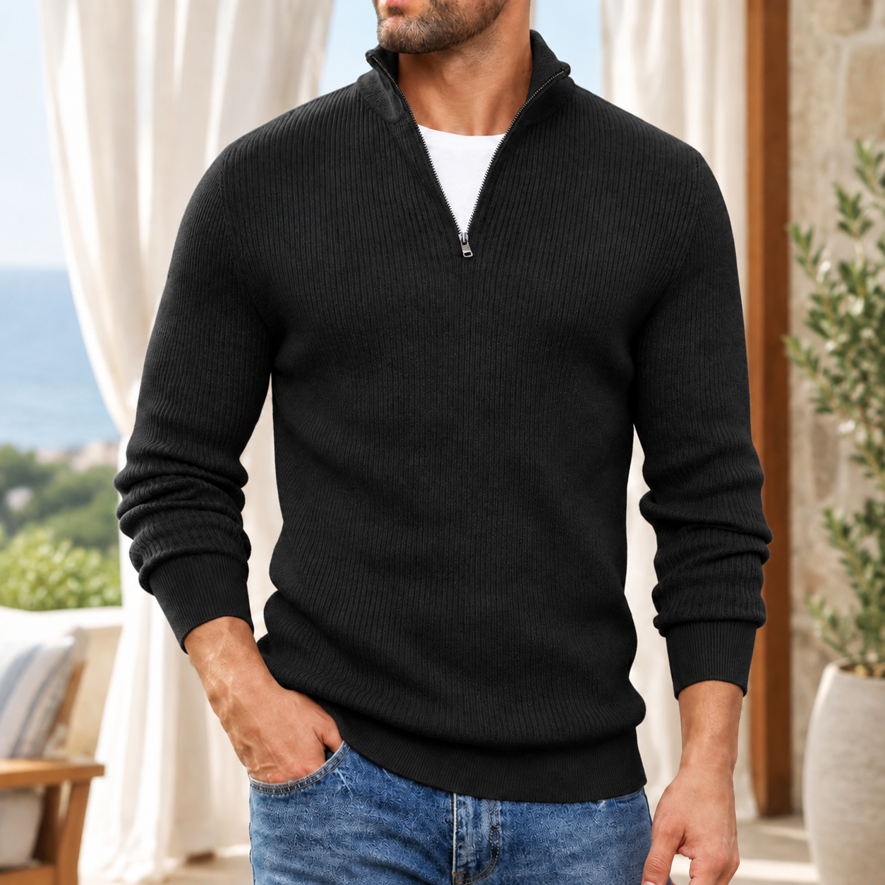 Nathaniel | Half-Zip Jumper Oatmeal Ribbed Mock-Neck for Men