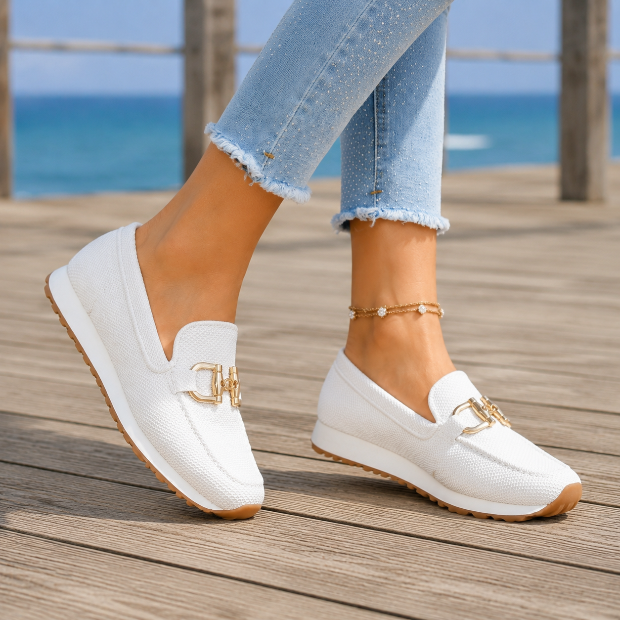 Hazel | Slip-On Sneakers Beige Woven Gold Horsebit Detail for Women
