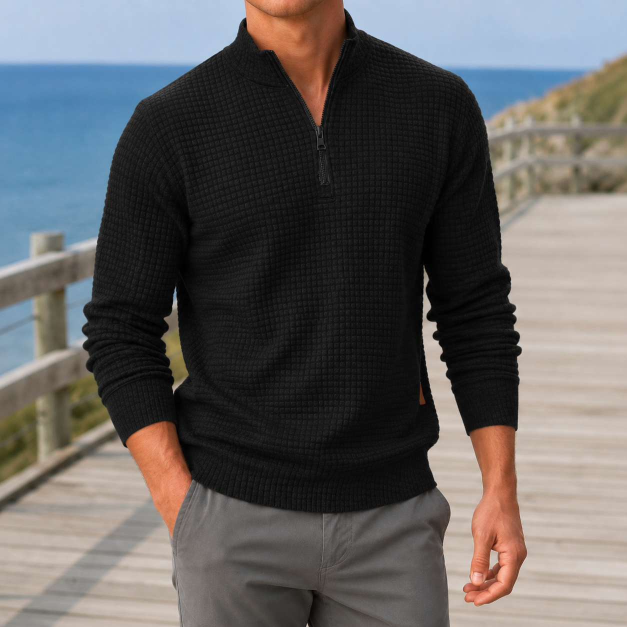 Octavius | Quarter-Zip Jumper Grey Waffle Knit Mock Neck for Men
