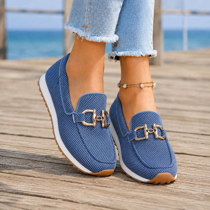 Hazel | Slip-On Sneakers Beige Woven Gold Horsebit Detail for Women