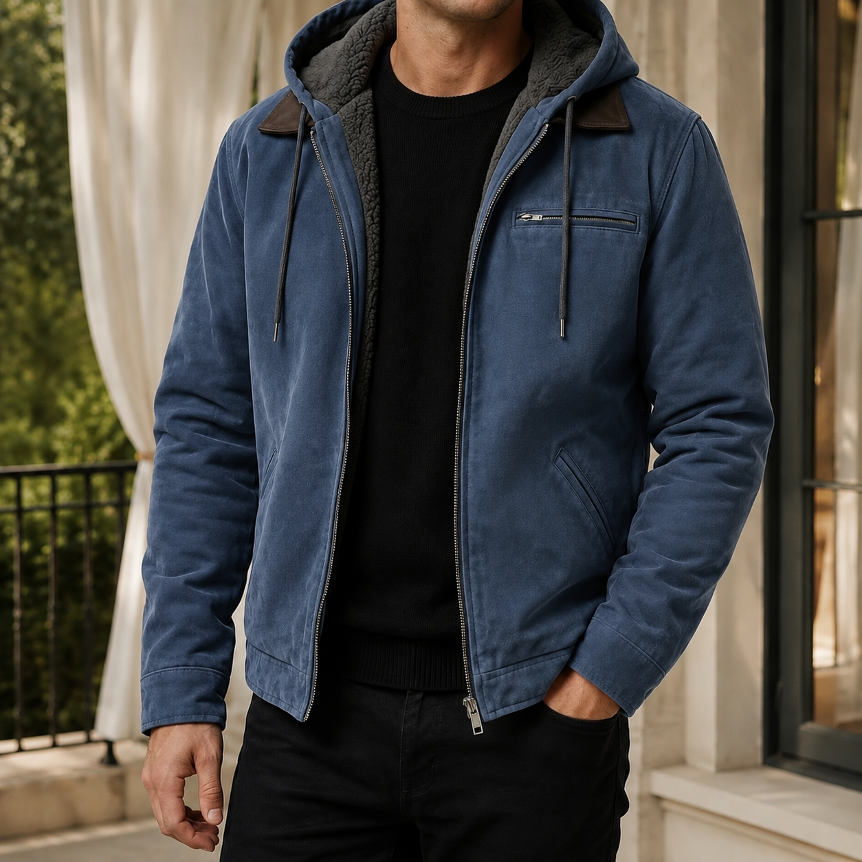 Douglas | Hooded Suede Jacket Tan Sherpa-Lined for Men