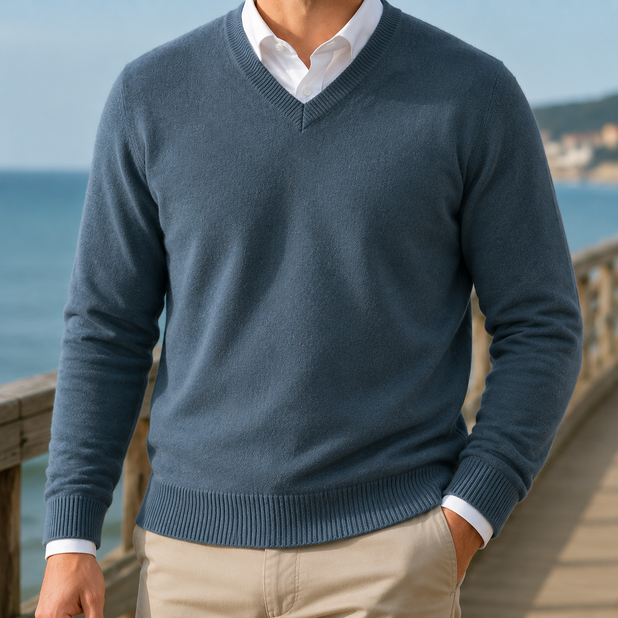 Mortimer | V-Neck Jumper Burgundy Wool-Blend Ribbed-Trim for Men