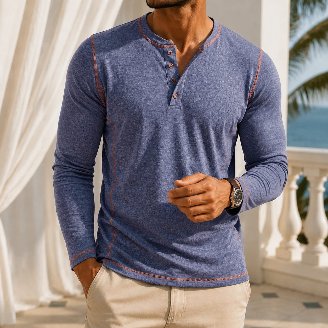 Peregrine | Henley Top Sage Green Cotton Long Sleeve for Men