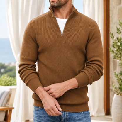 Nathaniel | Half-Zip Jumper Oatmeal Ribbed Mock-Neck for Men