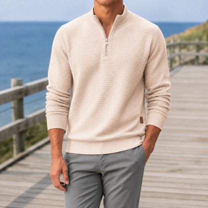Octavius | Quarter-Zip Jumper Grey Waffle Knit Mock Neck for Men