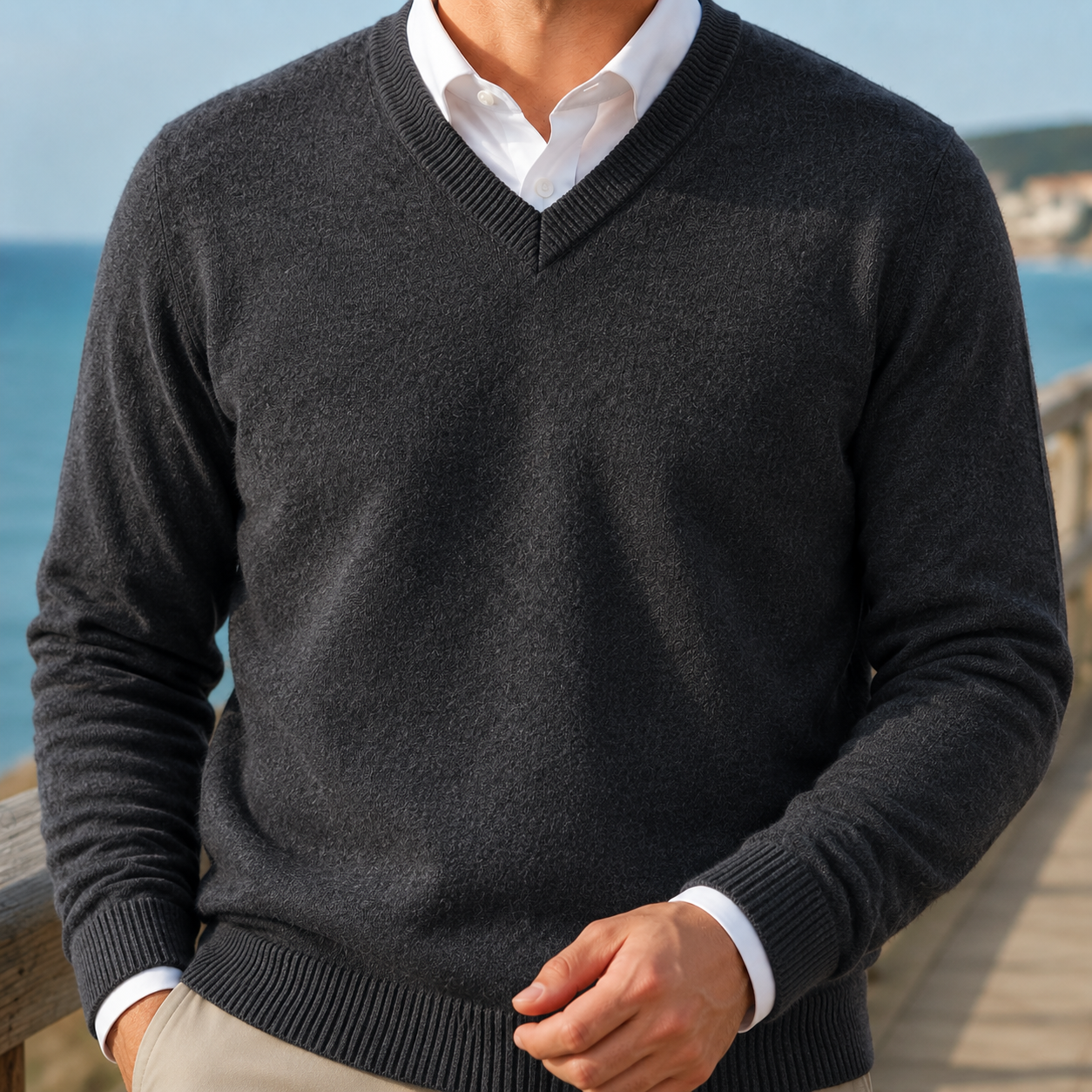 Mortimer | V-Neck Jumper Burgundy Wool-Blend Ribbed-Trim for Men