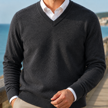 Mortimer | V-Neck Jumper Burgundy Wool-Blend Ribbed-Trim for Men