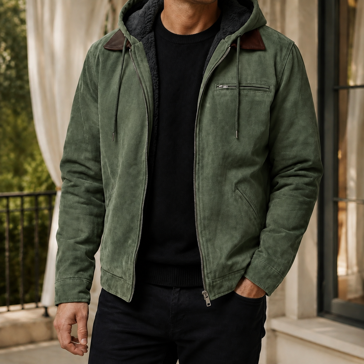 Douglas | Hooded Suede Jacket Tan Sherpa-Lined for Men