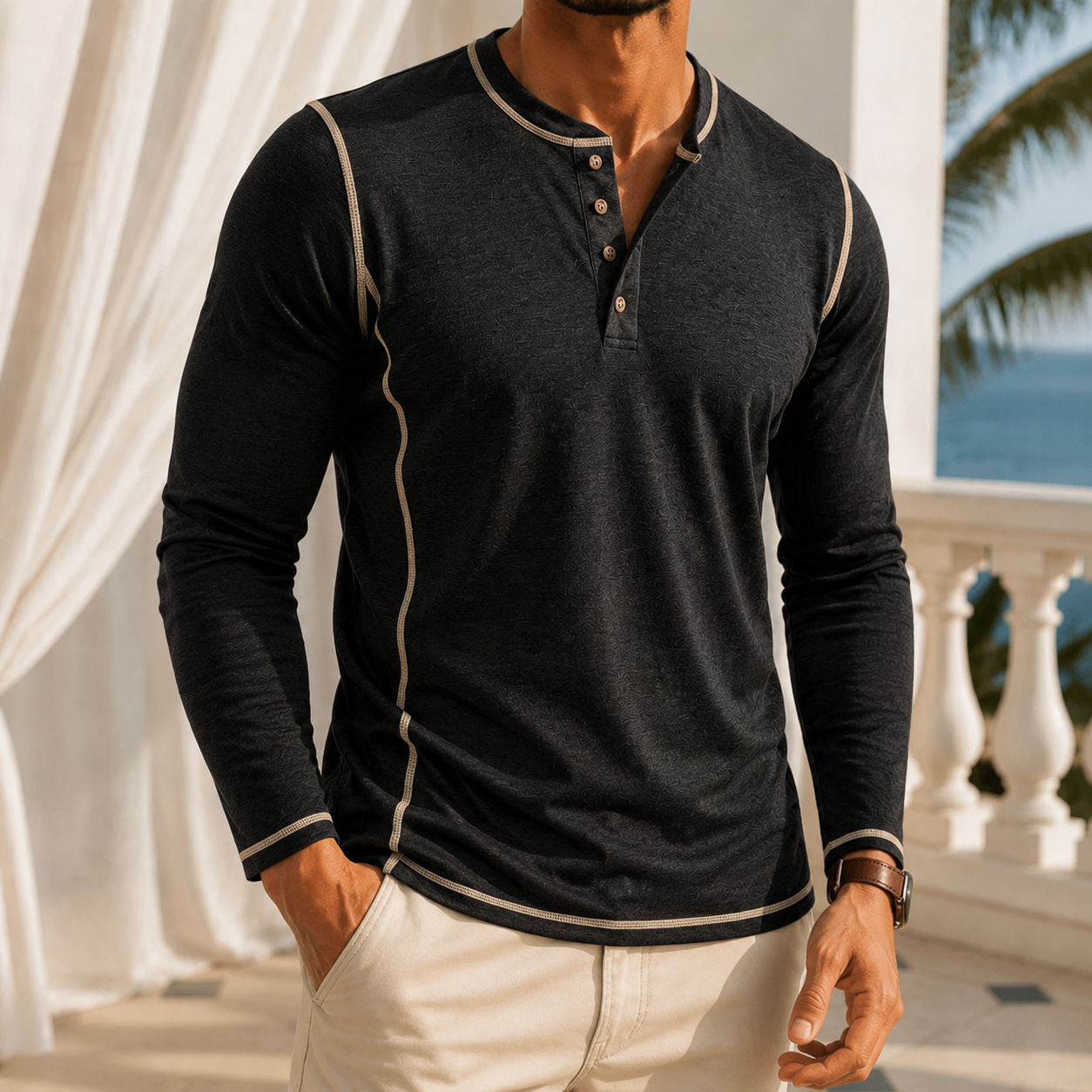 Peregrine | Henley Top Sage Green Cotton Long Sleeve for Men