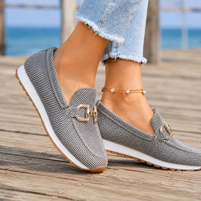 Hazel | Slip-On Sneakers Beige Woven Gold Horsebit Detail for Women