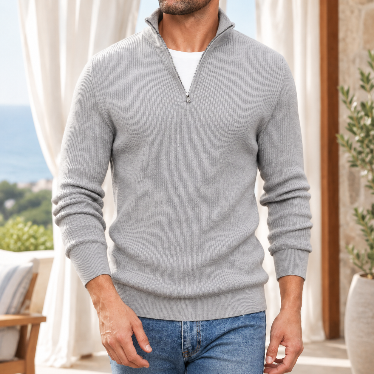 Nathaniel | Half-Zip Jumper Oatmeal Ribbed Mock-Neck for Men