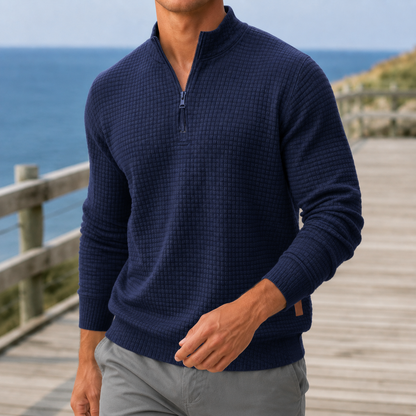 Octavius | Quarter-Zip Jumper Grey Waffle Knit Mock Neck for Men