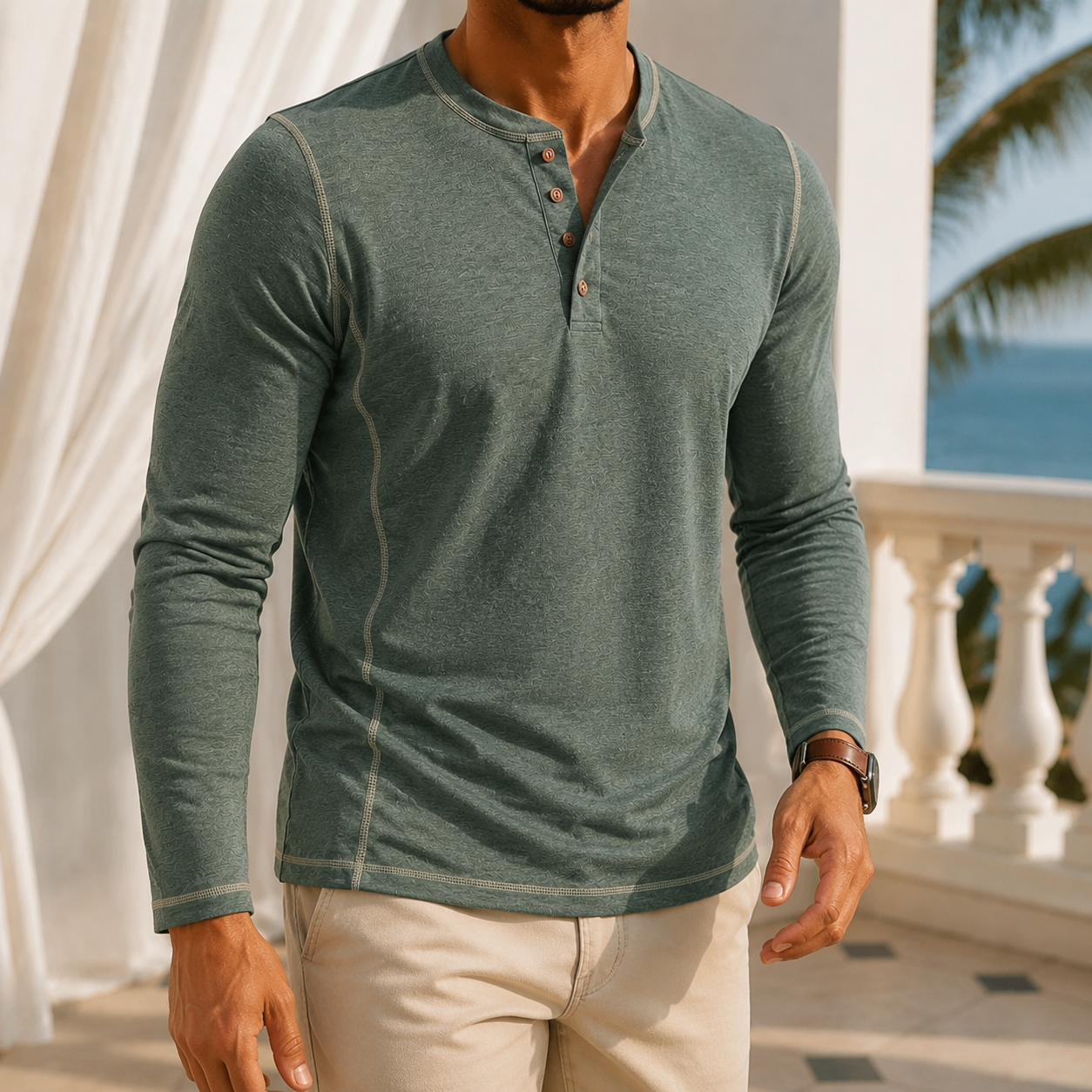 Peregrine | Henley Top Sage Green Cotton Long Sleeve for Men