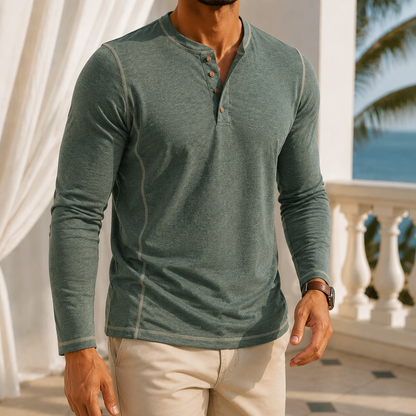 Peregrine | Henley Top Sage Green Cotton Long Sleeve for Men